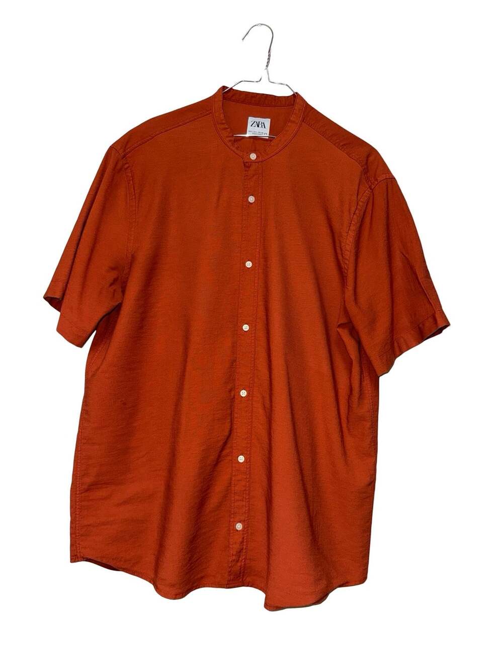 Zara Men's Short Sleeve Grandad Collar Shirt Rust Orange Size L